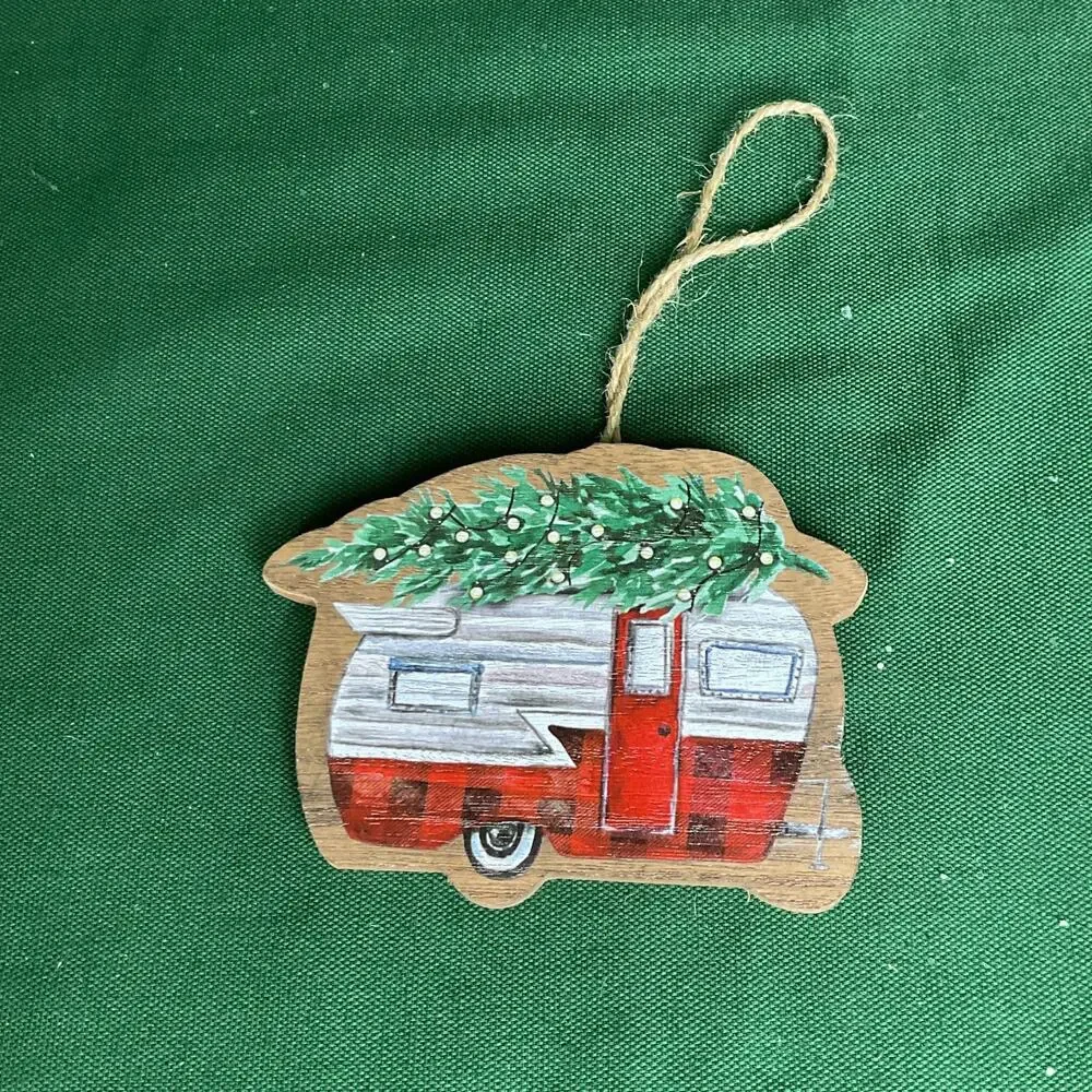 Vintage Camper Wooden Christmas Ornament - Red Buffalo Plaid RV with Tree